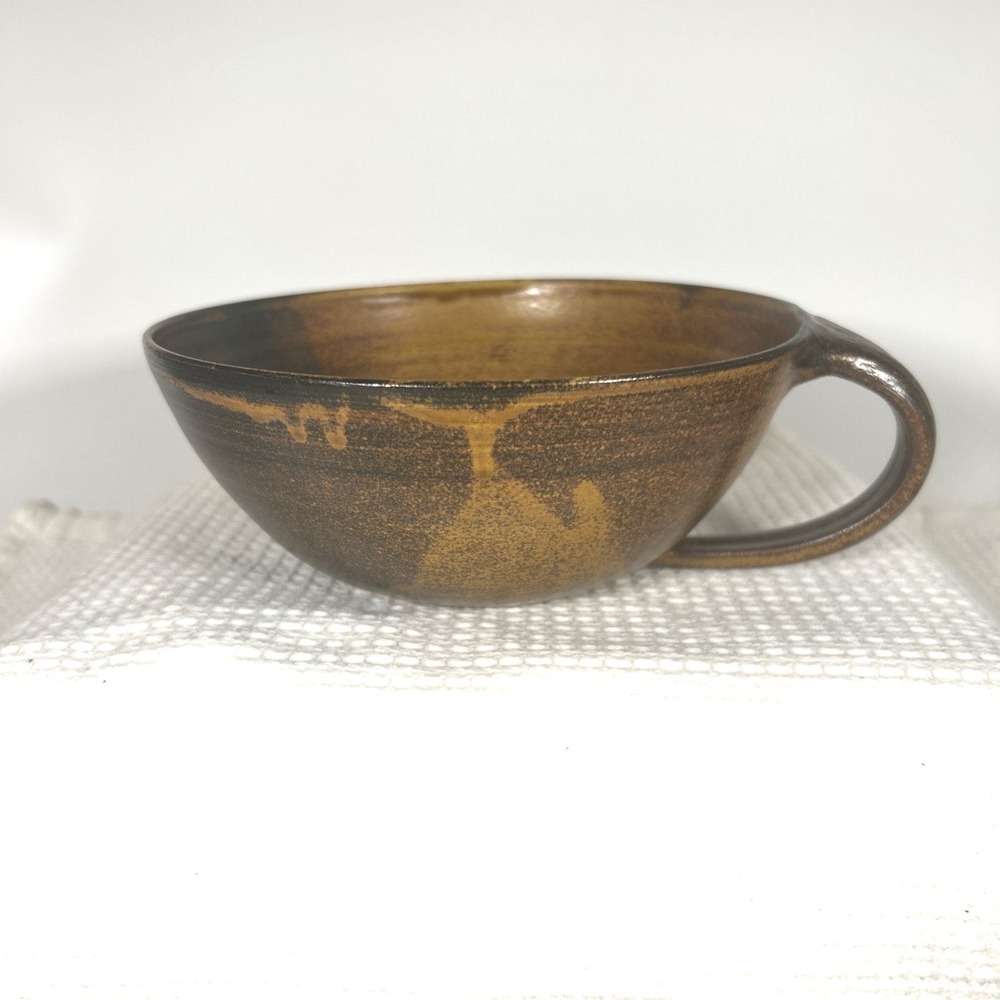 Hand Crafted Pottery Bowl w Handle Brown Rustic Earthy Studio Art Signed MV